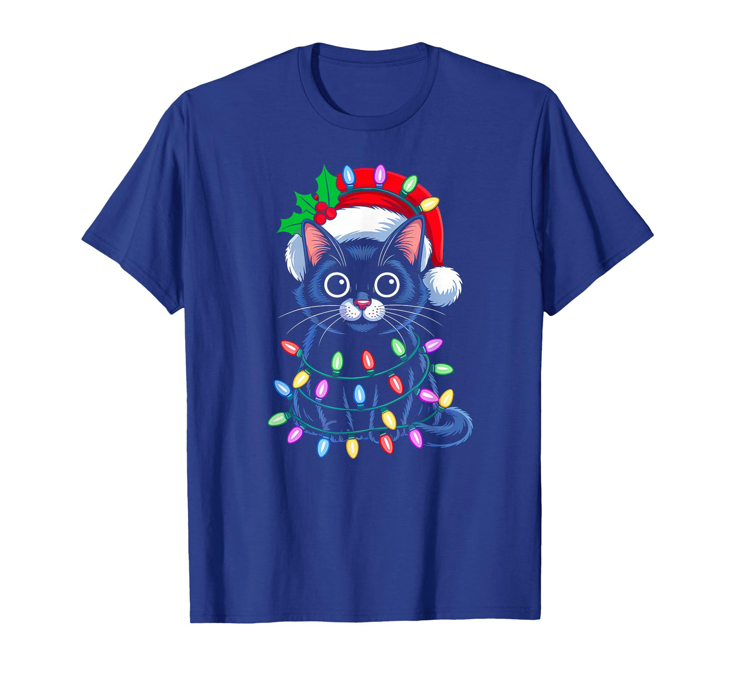 Black Cat Christmas Lights Red Santa Hat Christmas Cat Lover T-Shirt