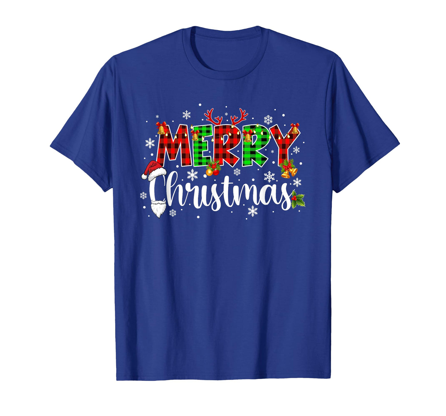 Merry Christmas Lights Santa Hat Plaid Red White Green Xmas T-Shirt