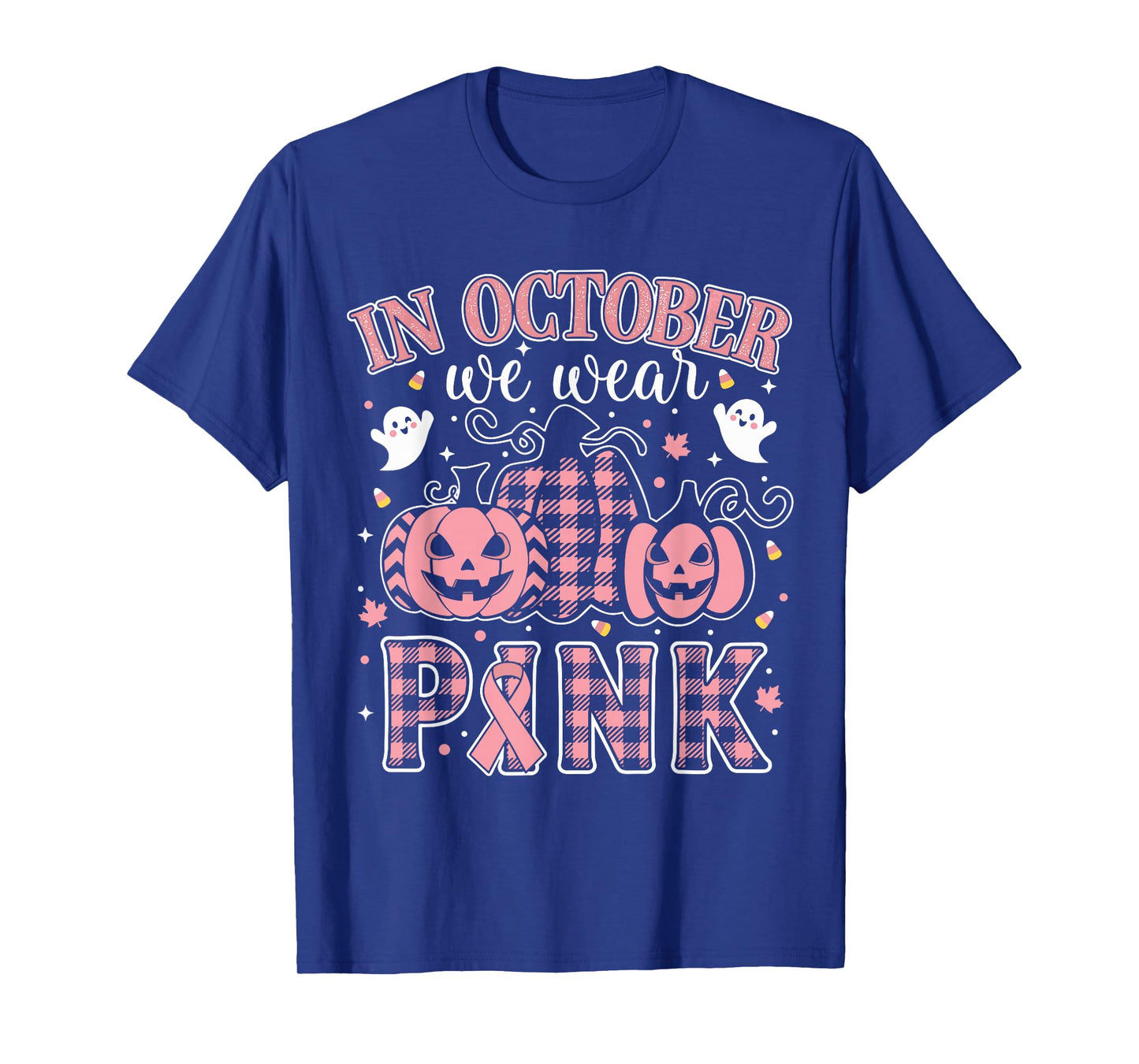 in October We Wear Pink Cute Ribbon with Pumpkin Ghost Art T-Shirt