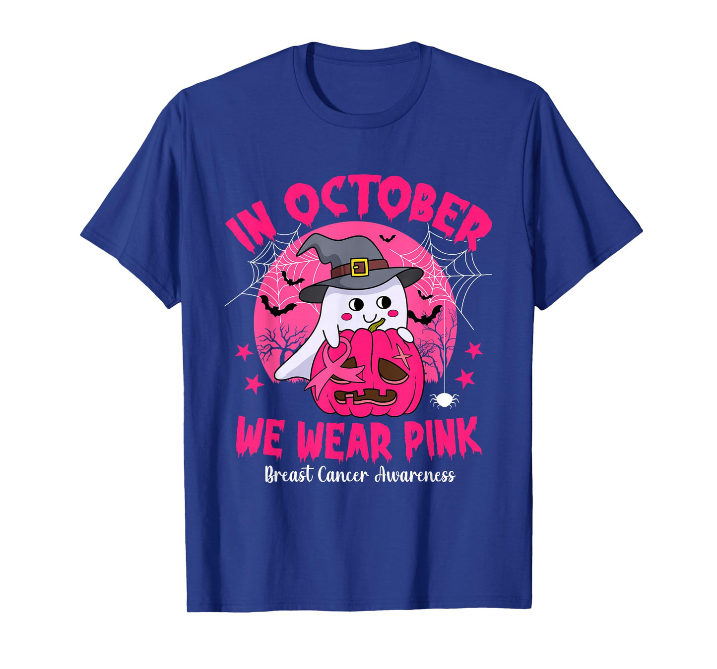 in October We Wear Pink Ghost Witch Breast Cancer Awareness T-Shirt