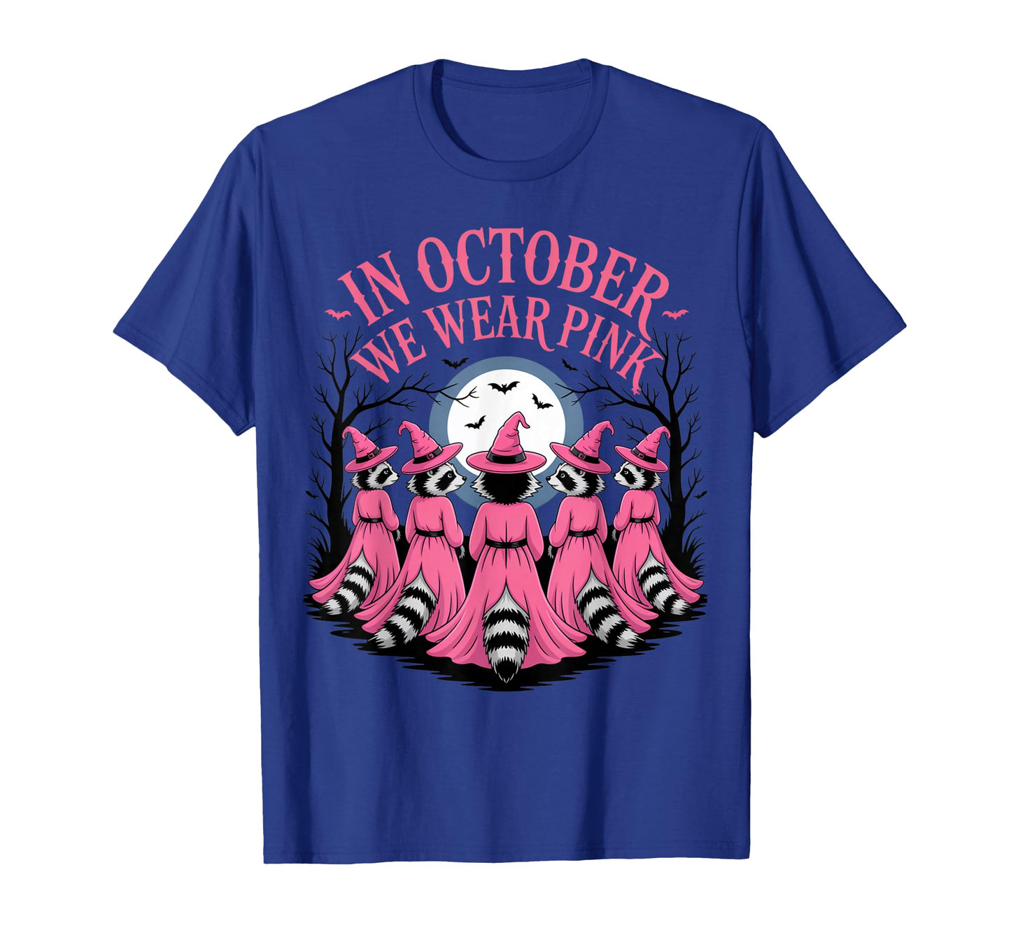 in October We Wear Pink Witch Raccoon Halloween Squad T-Shirt