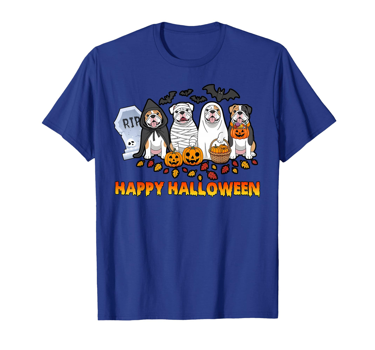 Ghost Witch Pumpkin Four English Bulldogs Lovers Halloween T-Shirt
