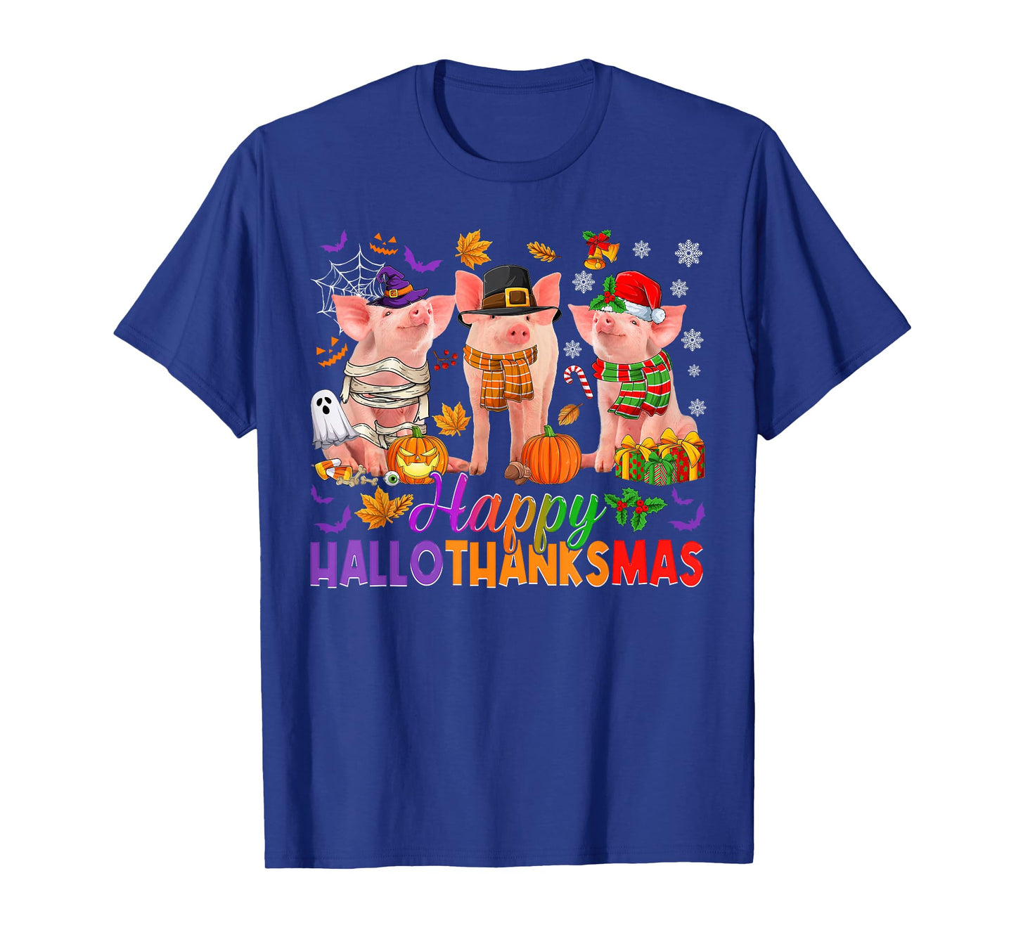 Happy Hallothanksmas Halloween Thanksgiving Christmas Pigs T-Shirt