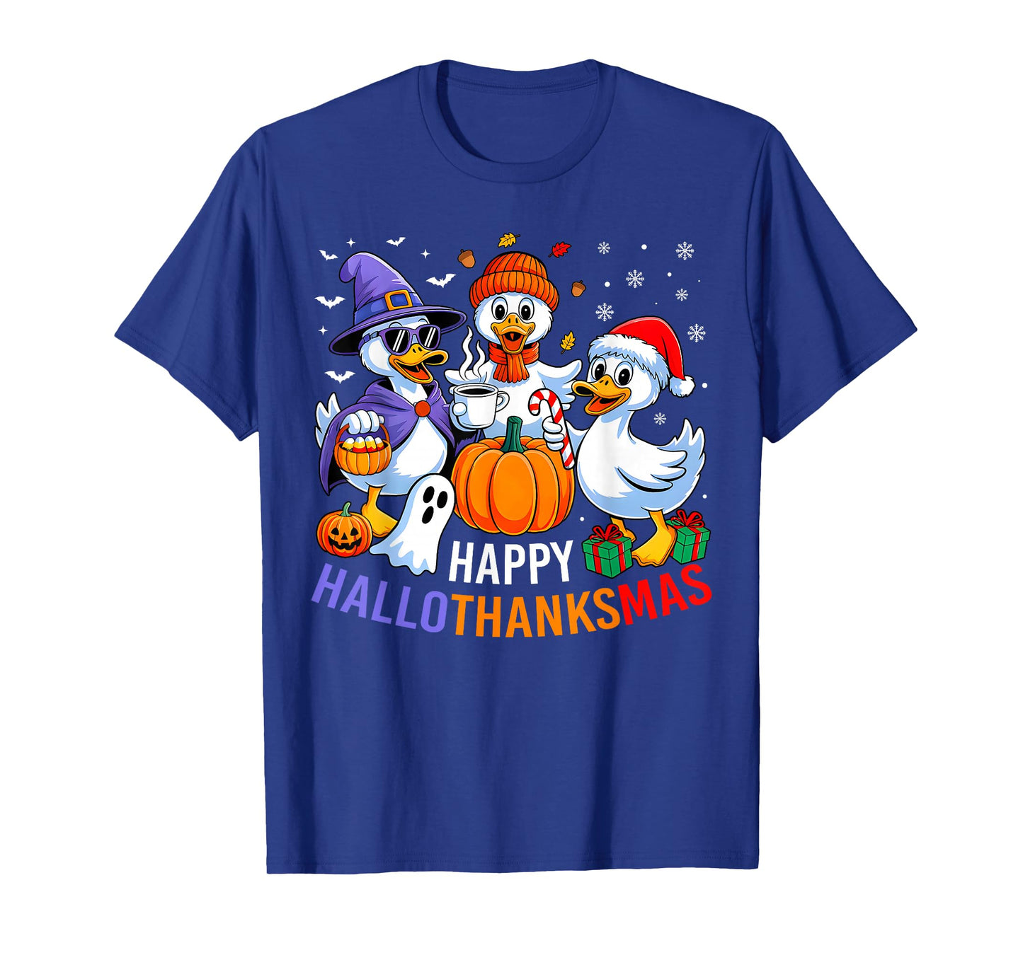 Happy HalloThanksMas Halloween Thanksgiving Christmas Duck T-Shirt