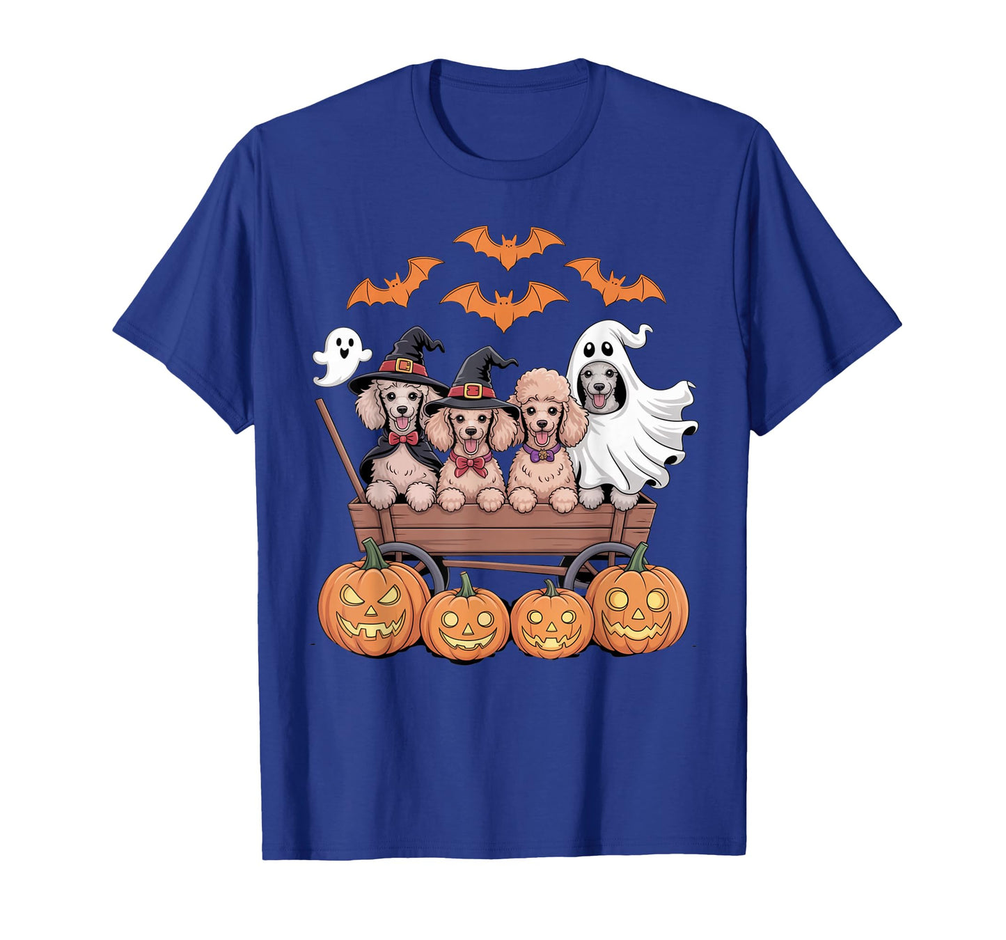Poodle Halloween Wagon Witch Hats Ghost Bats Pumpkins Funny T-Shirt