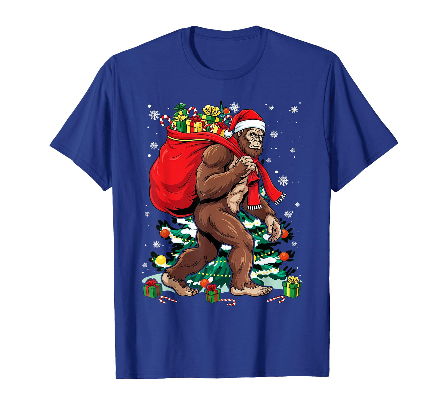 Bigfoot Santa Carrying Christmas Bag Xmas Hat Sasquatch Men T-Shirt