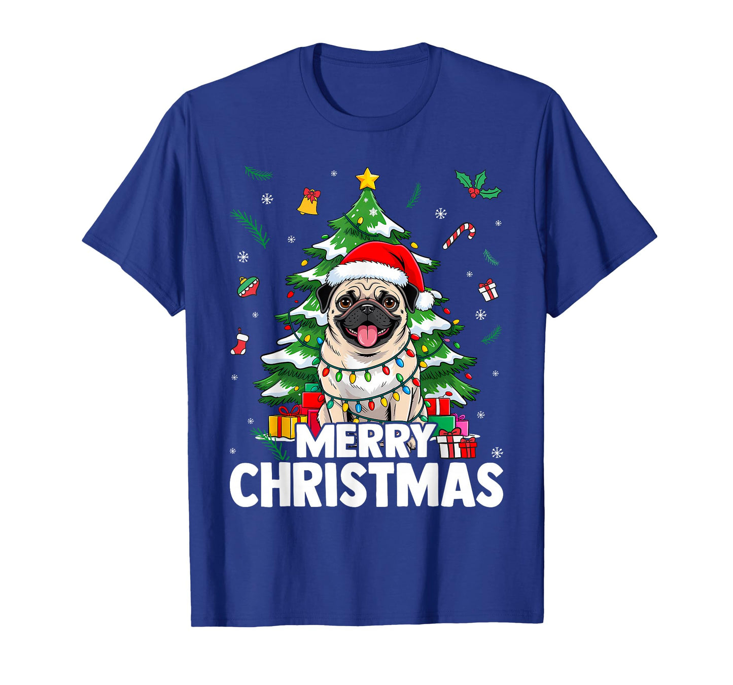 Merry Christmas Pug Cute Dog Holiday Lights and Santa Hat T-Shirt