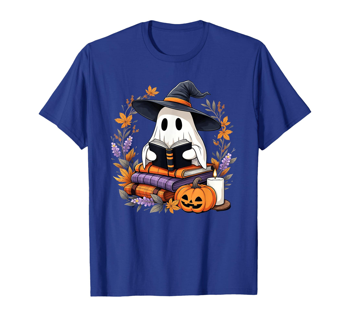 Halloween Ghost Reading Witch Hat Pumpkin Autumn Books T-Shirt