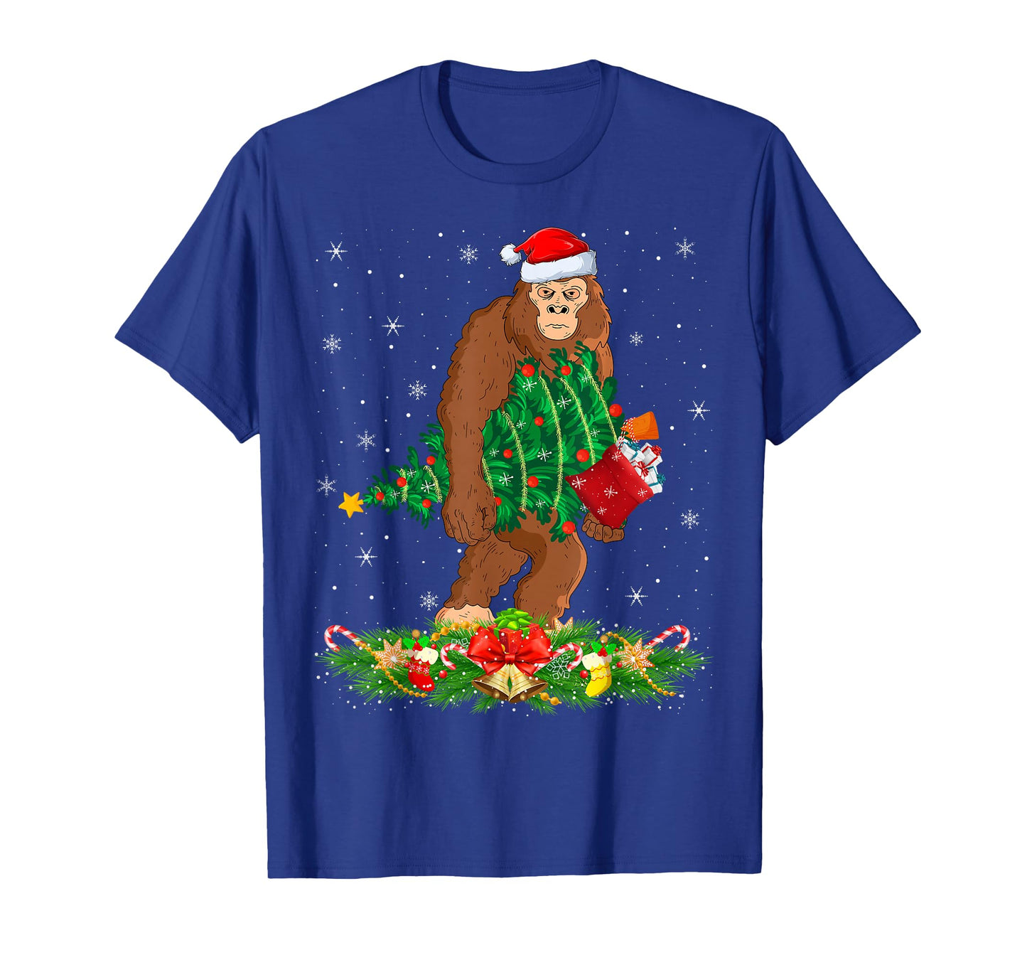 Bigfoot Christmas Tree Lights Santa Hat Funny Sasquatch Xmas T-Shirt