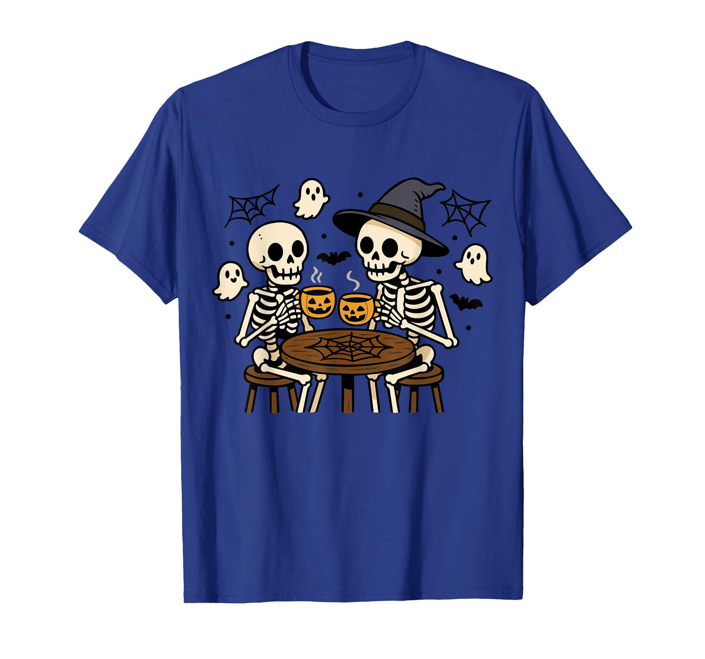 Halloween Skeleton and Coffee Funny Design with Witch Hat T-Shirt