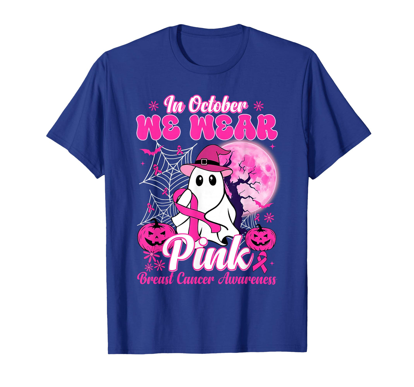 in October We Wear Pink Ghost Witch Breast Cancer Awareness T-Shirt