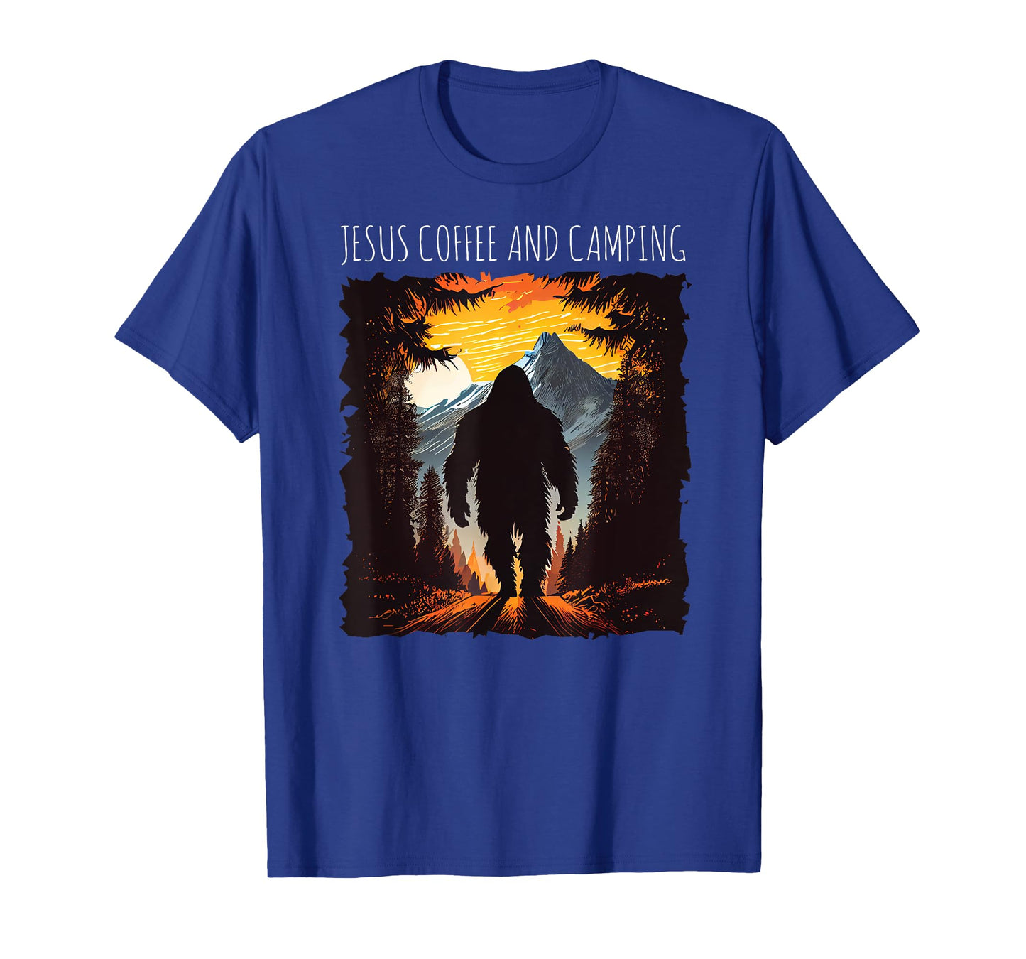 Jesus Coffee And Camping Bigfoot hiking mountains sunset T-Shirt