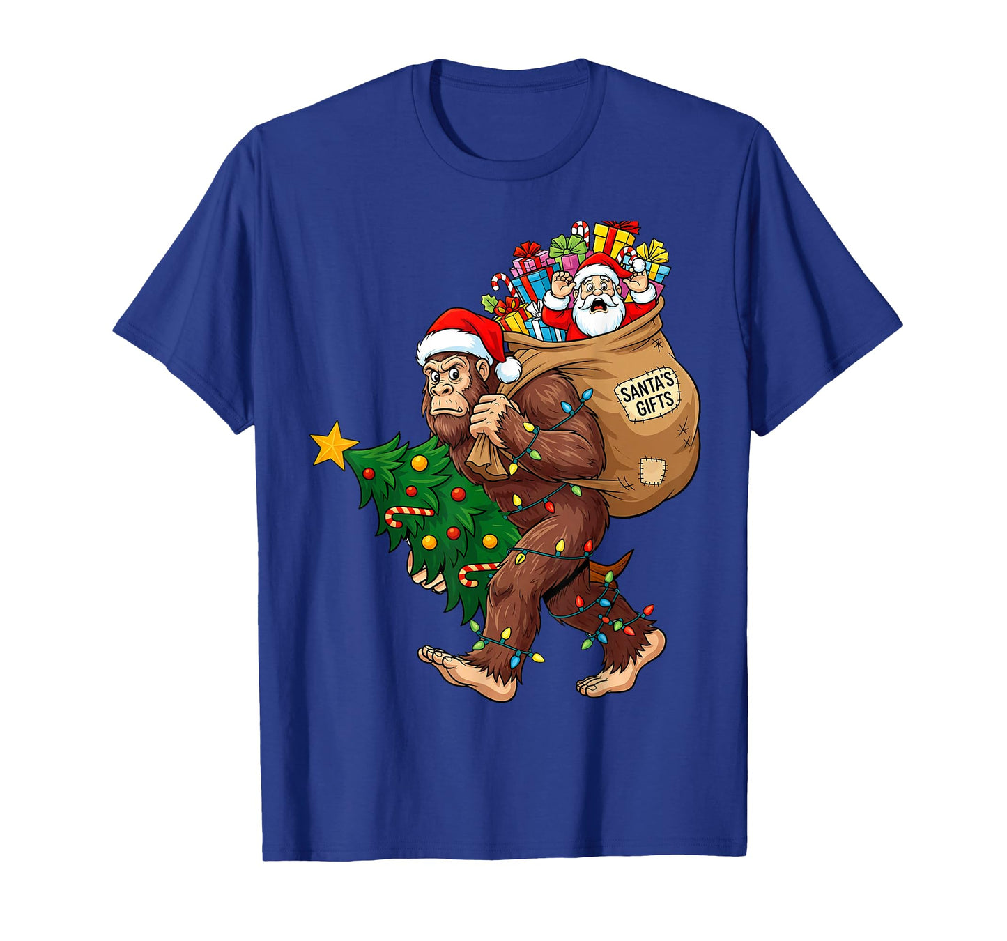 Funny Bigfoot Steals Santa & Xmas Tree - Christmas Sasquatch T-Shirt