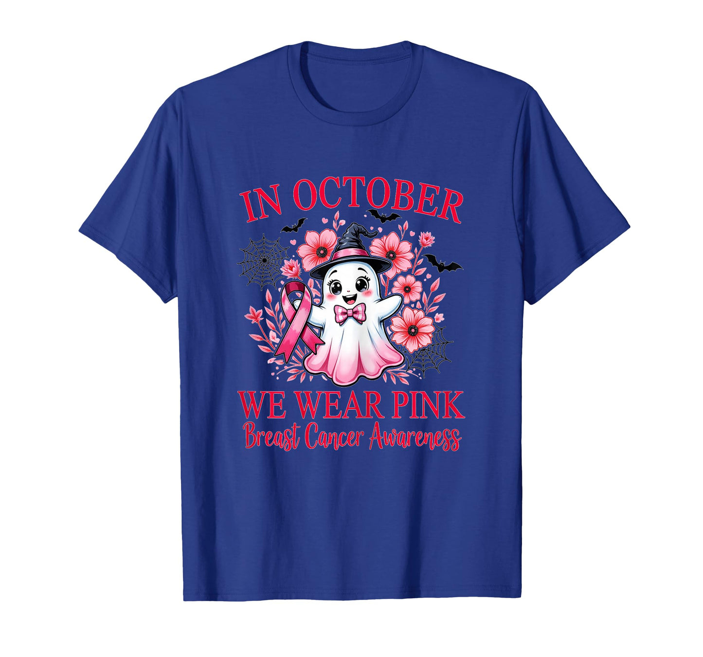 Pink Ribbon Breast Cancer Awareness Cute Ghost and Witch Hat T-Shirt