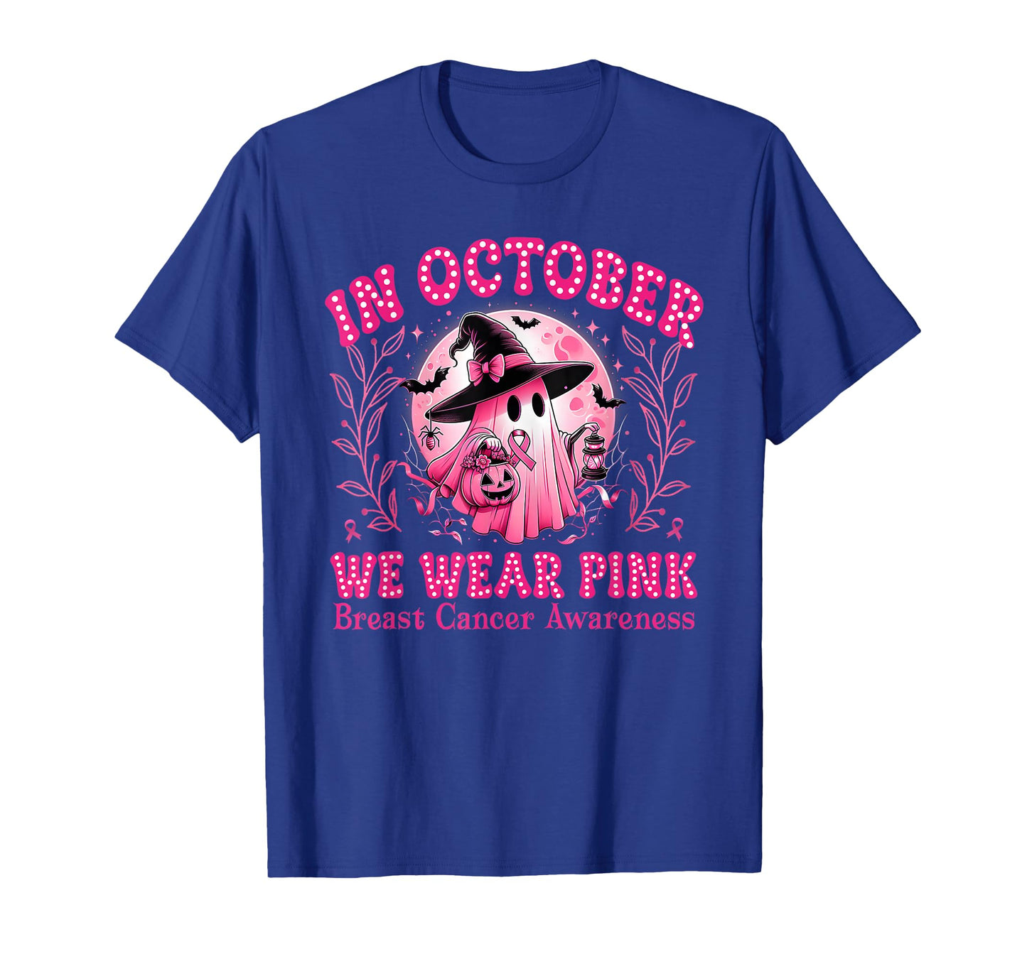 in October We Wear Pink Ghost Witch Breast Cancer Awareness T-Shirt