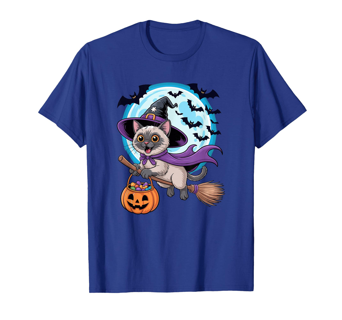 Halloween Witch Siamese Cat Moon Meezer T-Shirt