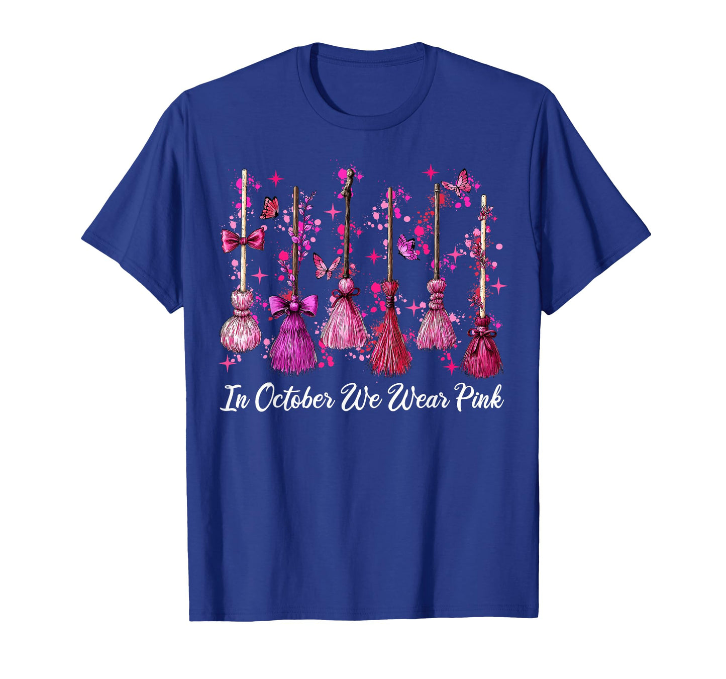 in October We Wear Pink Witch Broom Halloween Breast Cancer T-Shirt