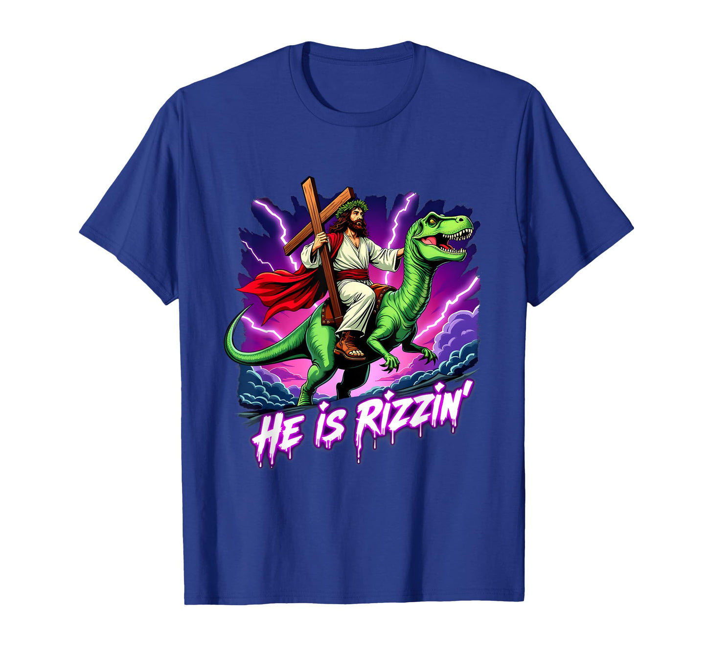 Retro Jesus Christian He Is Rizzin' Riding T-Rex Dinosaur T-Shirt