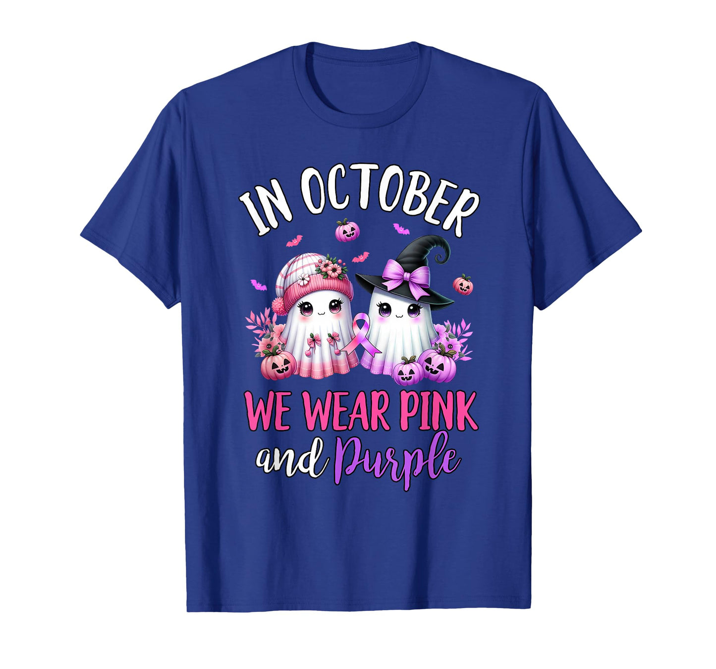 in October We Wear Purple and Pink Ghost Witch Breast Cancer T-Shirt