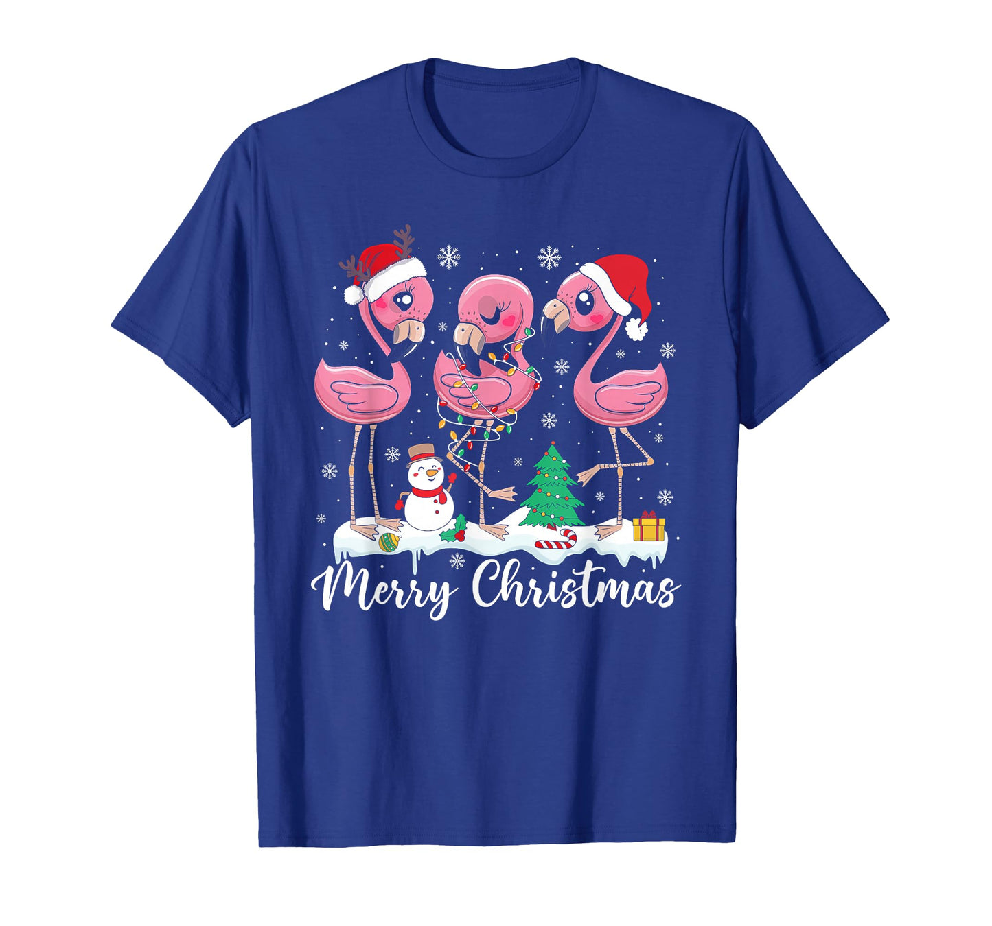 Merry Christmas Lights Red Santa Hat Family Xmas Flamingo T-Shirt