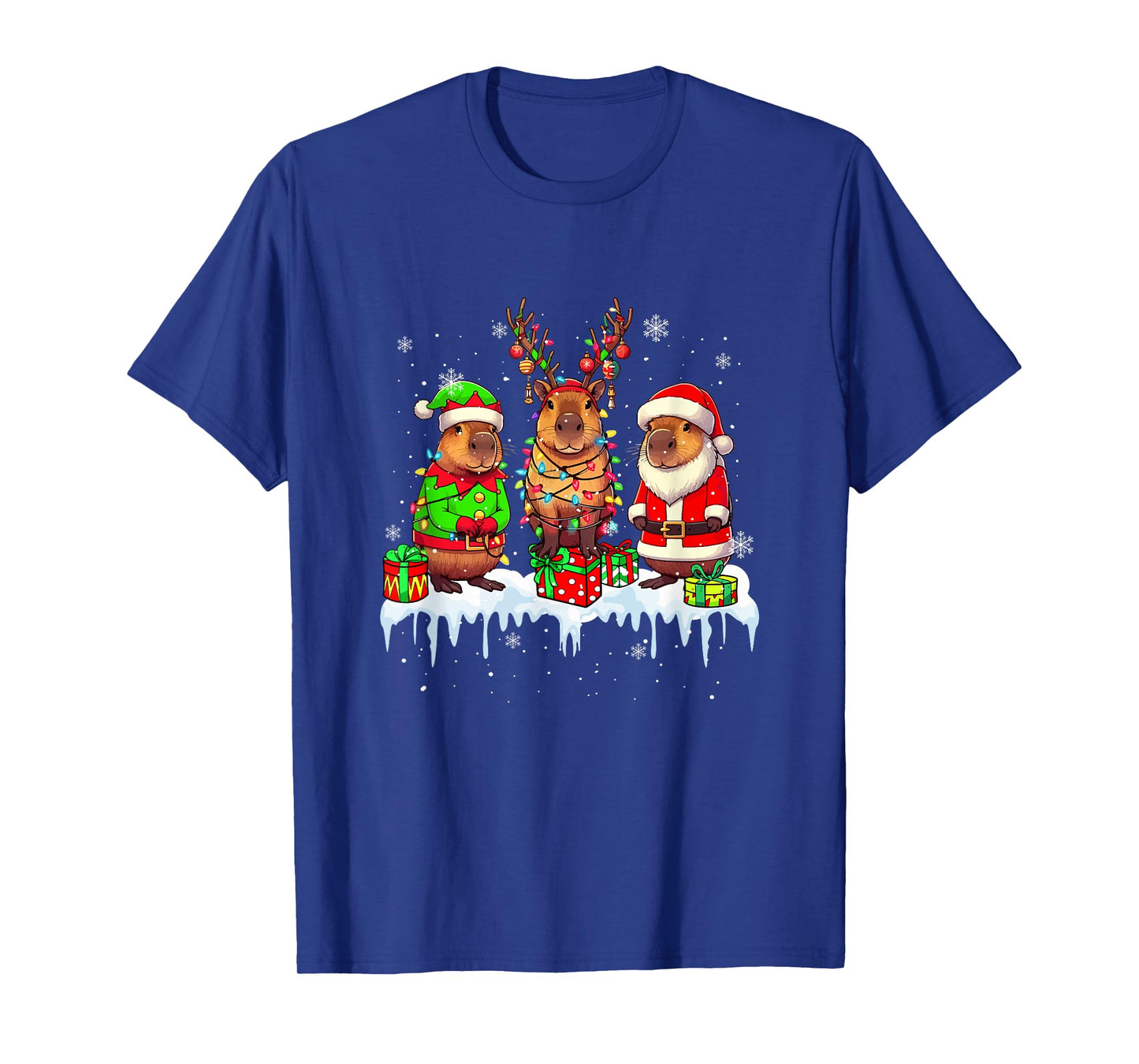 Three Santa Reindeer Elf Capybaras Christmas Colorful Lights T-Shirt