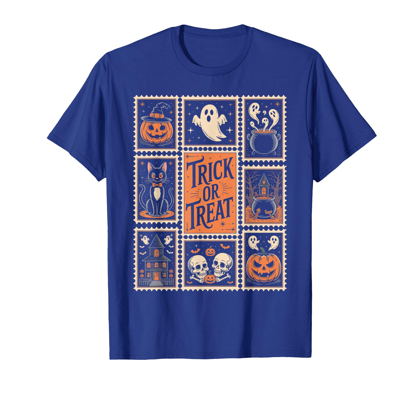 Halloween Stamps Spooky Pumpkin Ghost Cat Witch Skeleton T-Shirt