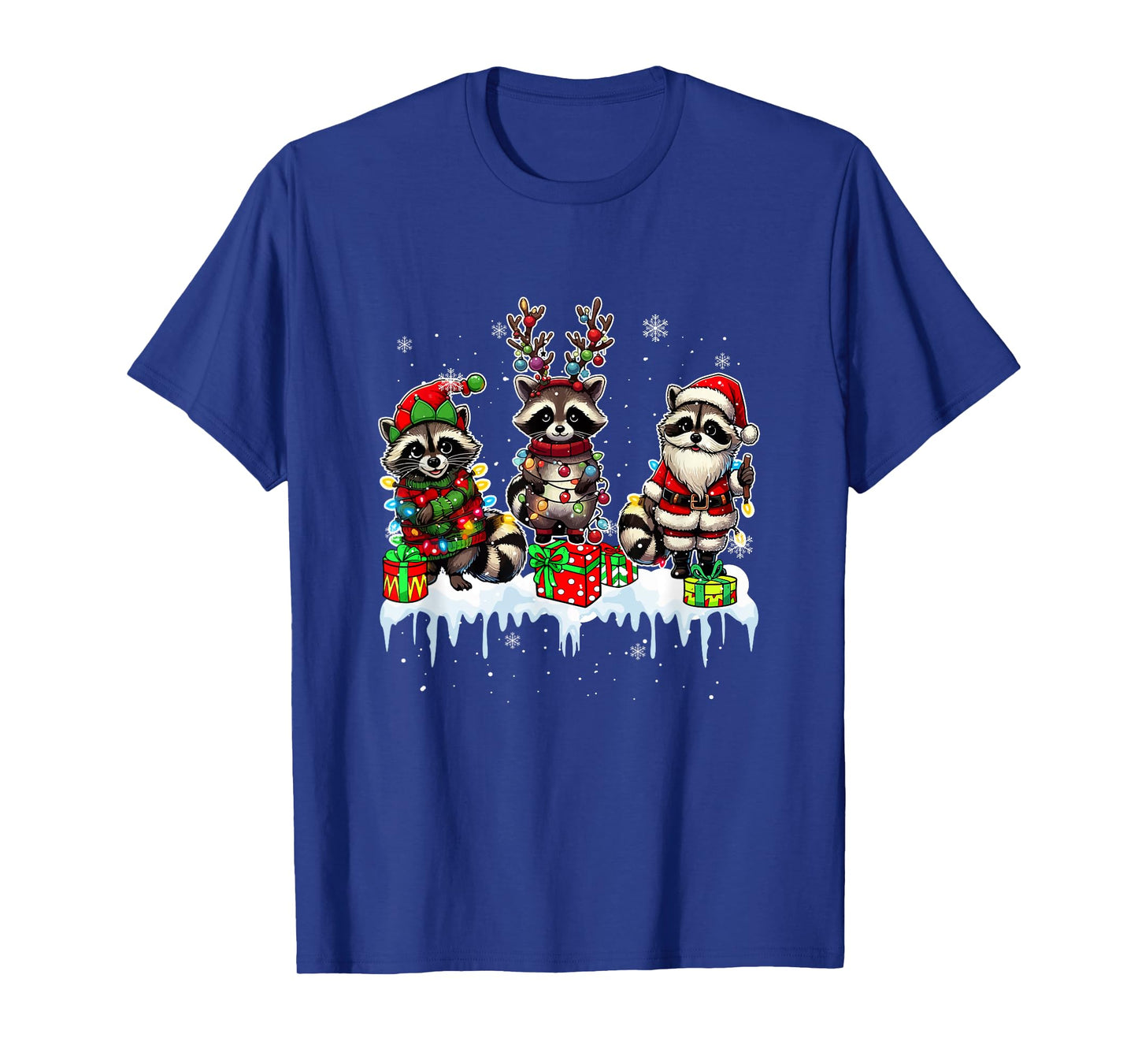 Three Santa Reindeer Elf Raccoons Christmas Colorful Lights T-Shirt