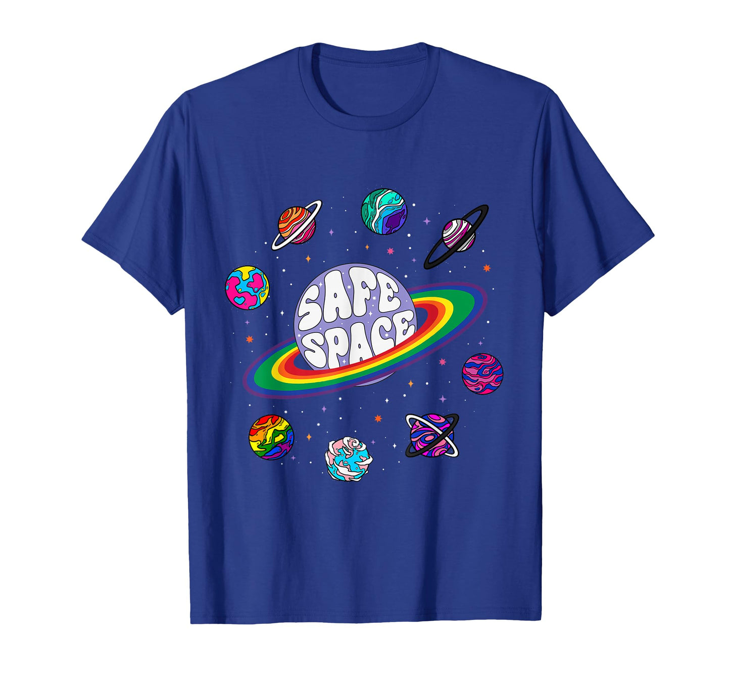 Retro Rainbow Planets Safe Space Cosmic LGBTQ Pride Month T-Shirt