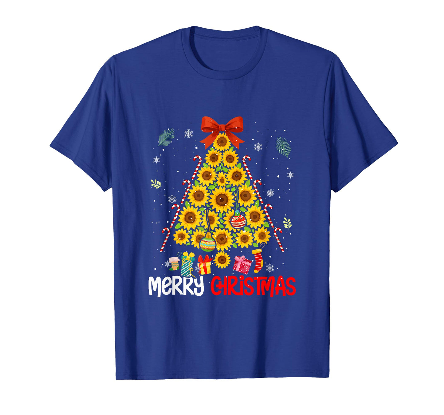 Merry Christmas Sunflowers Bow Tie Candy Canes As Xmas Tree T-Shirt