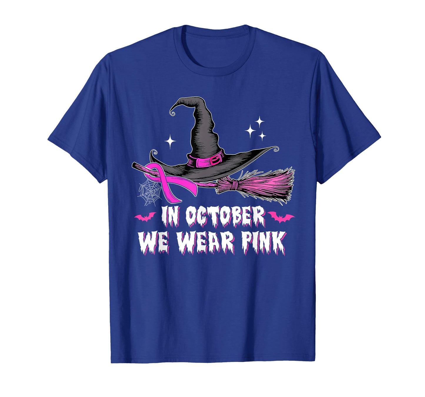 in October We Wear Pink Witch Broom Breast Cancer Halloween T-Shirt