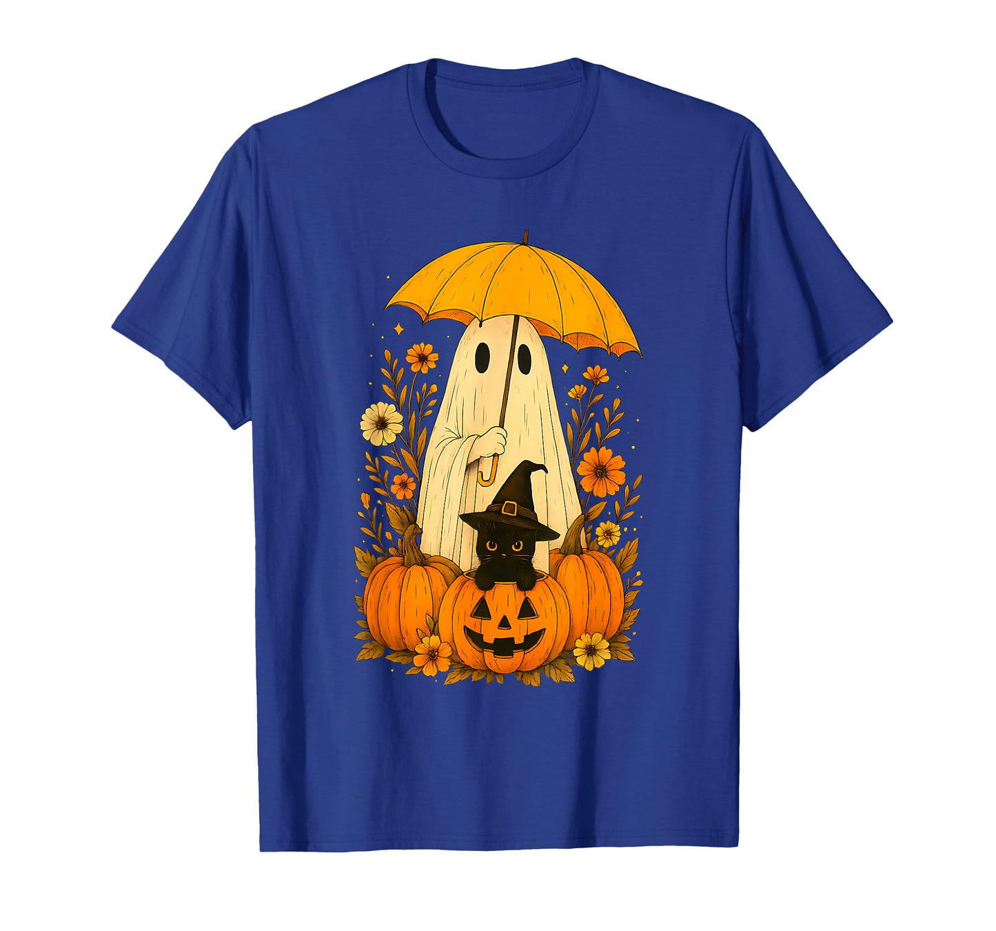 Vintage Halloween Ghost Holding Black Cat Groovy Floral T-Shirt