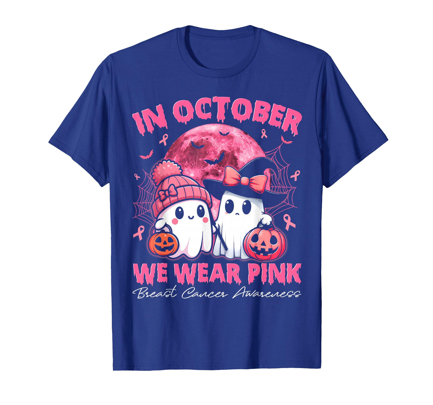 in October We Wear Pink Ghost Witch Breast Cancer Awareness T-Shirt