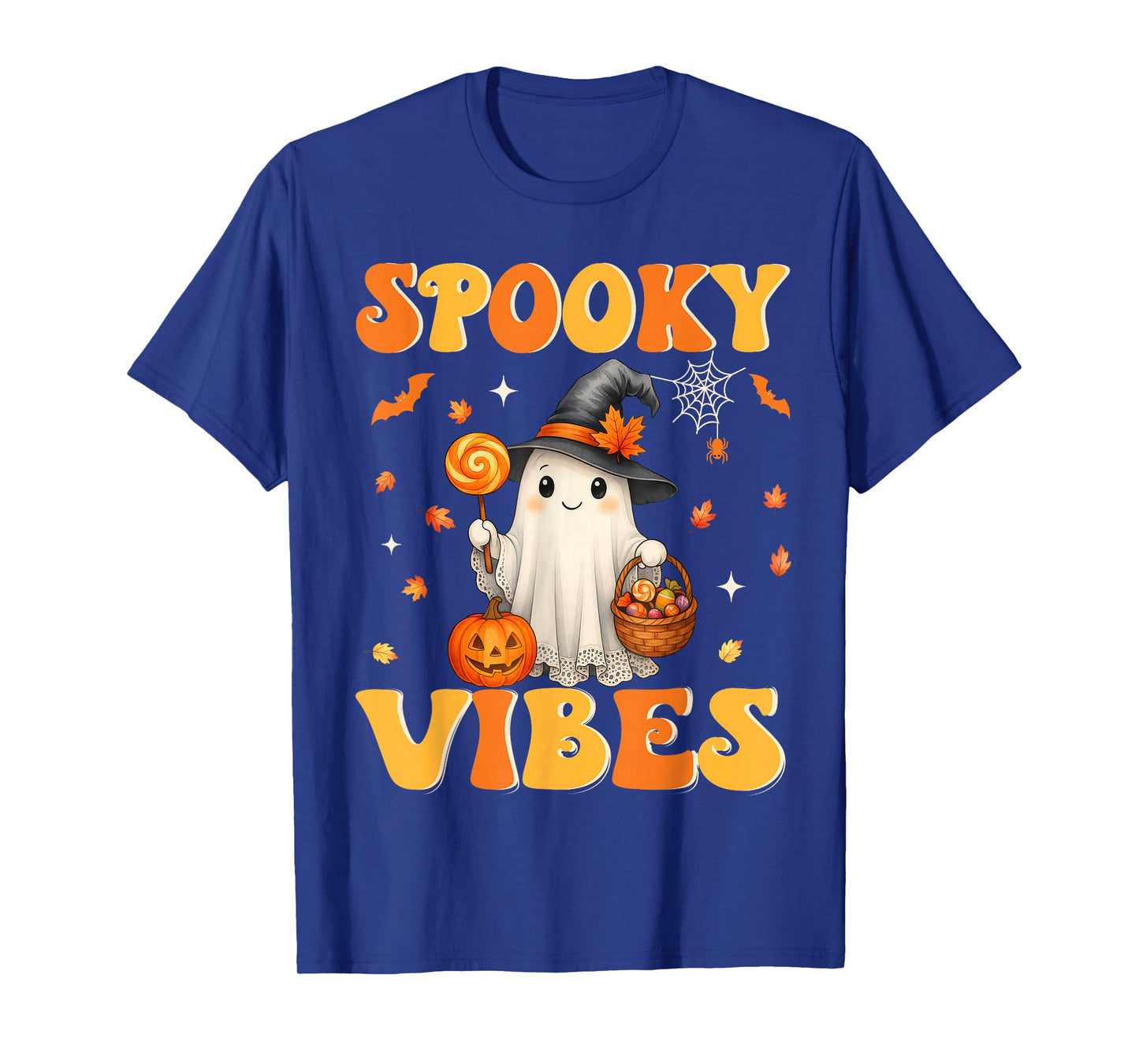 Groovy Spooky Vibes Retro Ghost Holding Pumpkin Halloween T-Shirt
