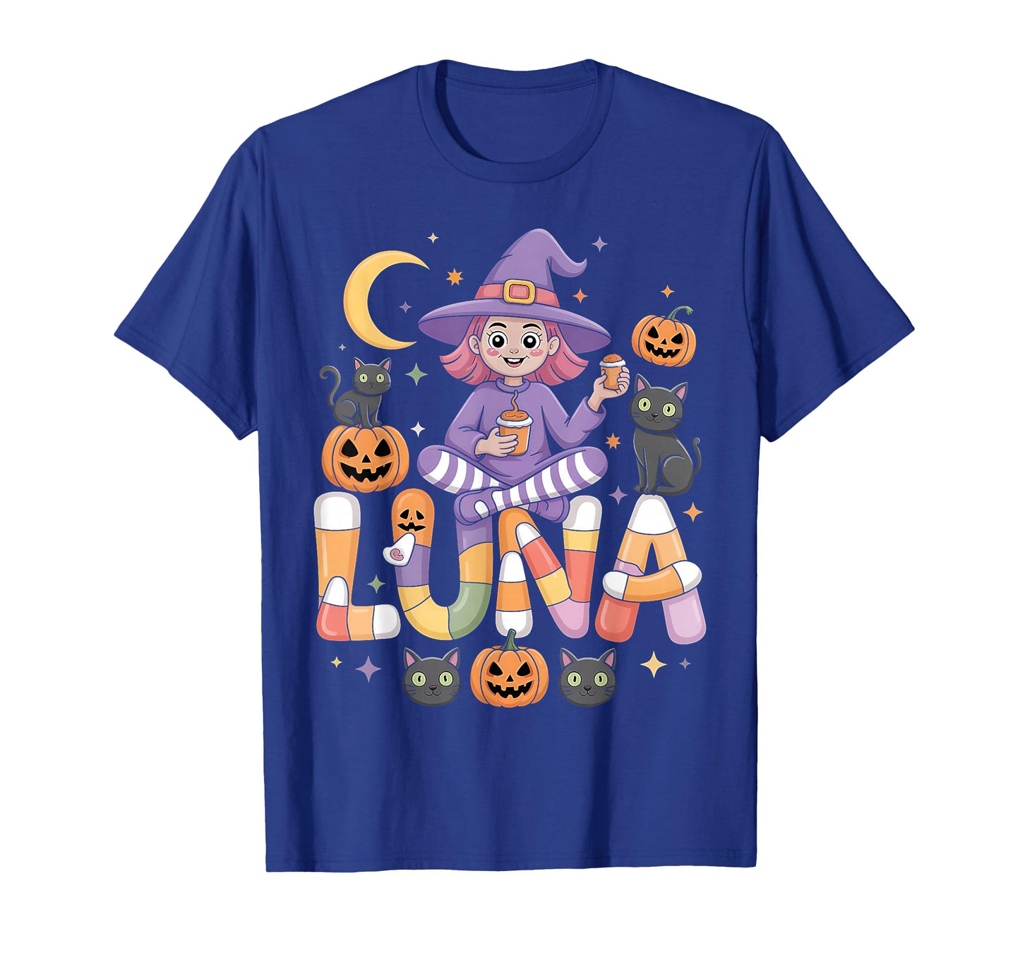 Luna Witch Candy Corn Cat Halloween Women and Girls T-Shirt