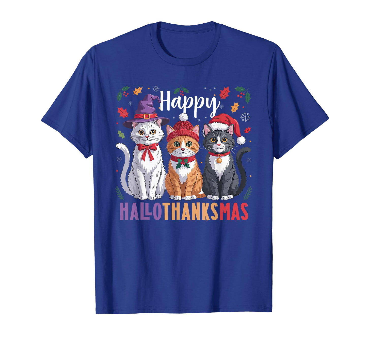 Cats Halloween Thanksgiving Christmas Happy HalloThanksMas T-Shirt