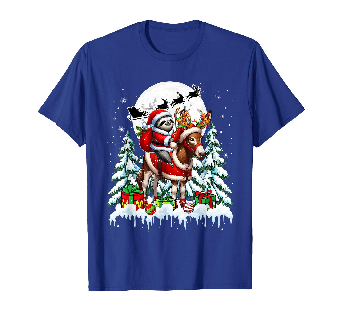 Santa Sloth Riding Reindeer Donkey Christmas Trees Farmer T-Shirt