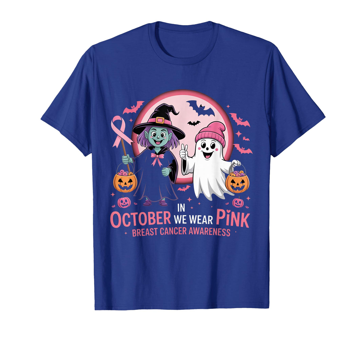 in October We Wear Pink Ghost Witch Breast Cancer Awareness T-Shirt