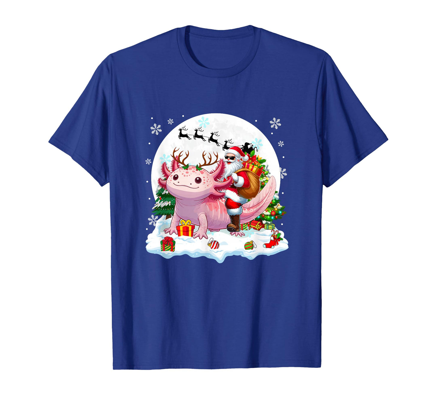 Santa Sunglasses Riding Axolotl Reindeer Christmas Snowman T-Shirt