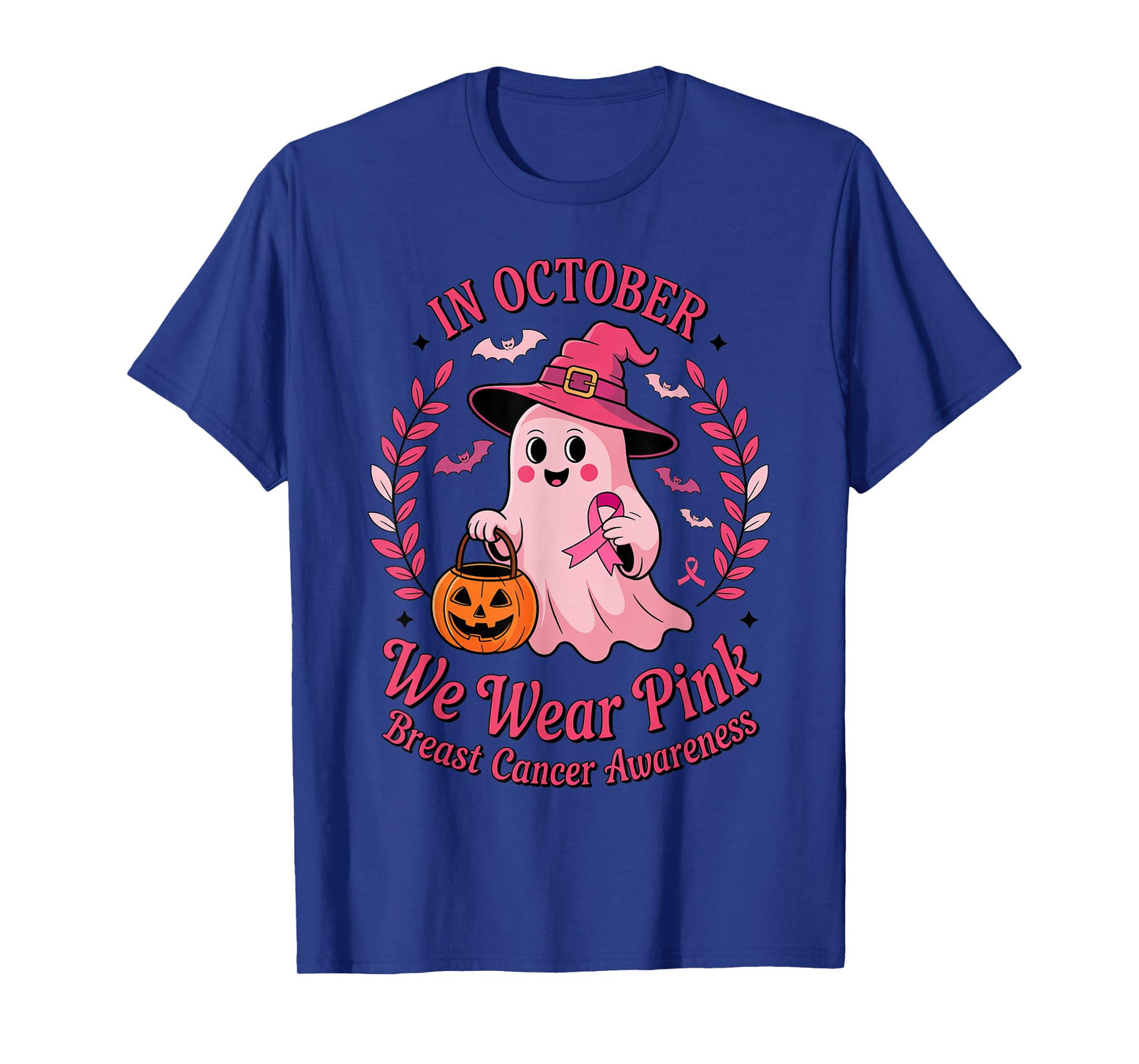 Ghost Witch in October We Wear Pink Pumpkin Breast Cancer T-Shirt