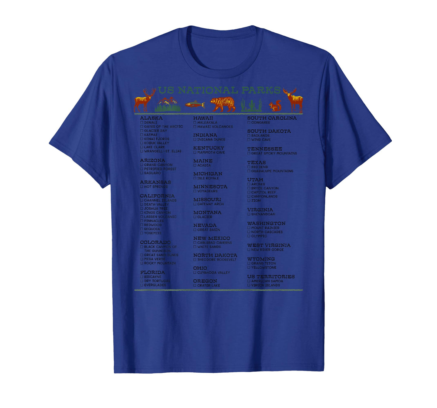 US National Parks Checklist List by State DESIGN ON BACK T-Shirt