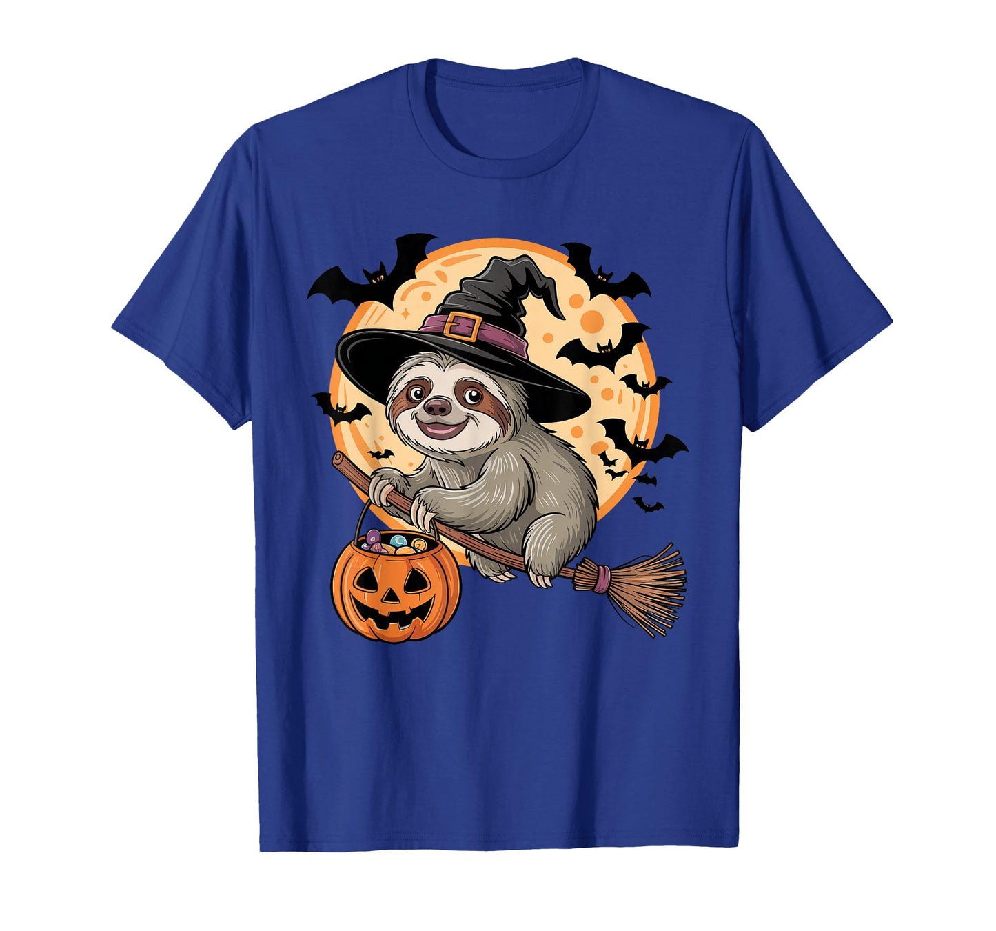 Cute Sloth Witch Riding Broom Halloween Pumpkin Kids Boys T-Shirt