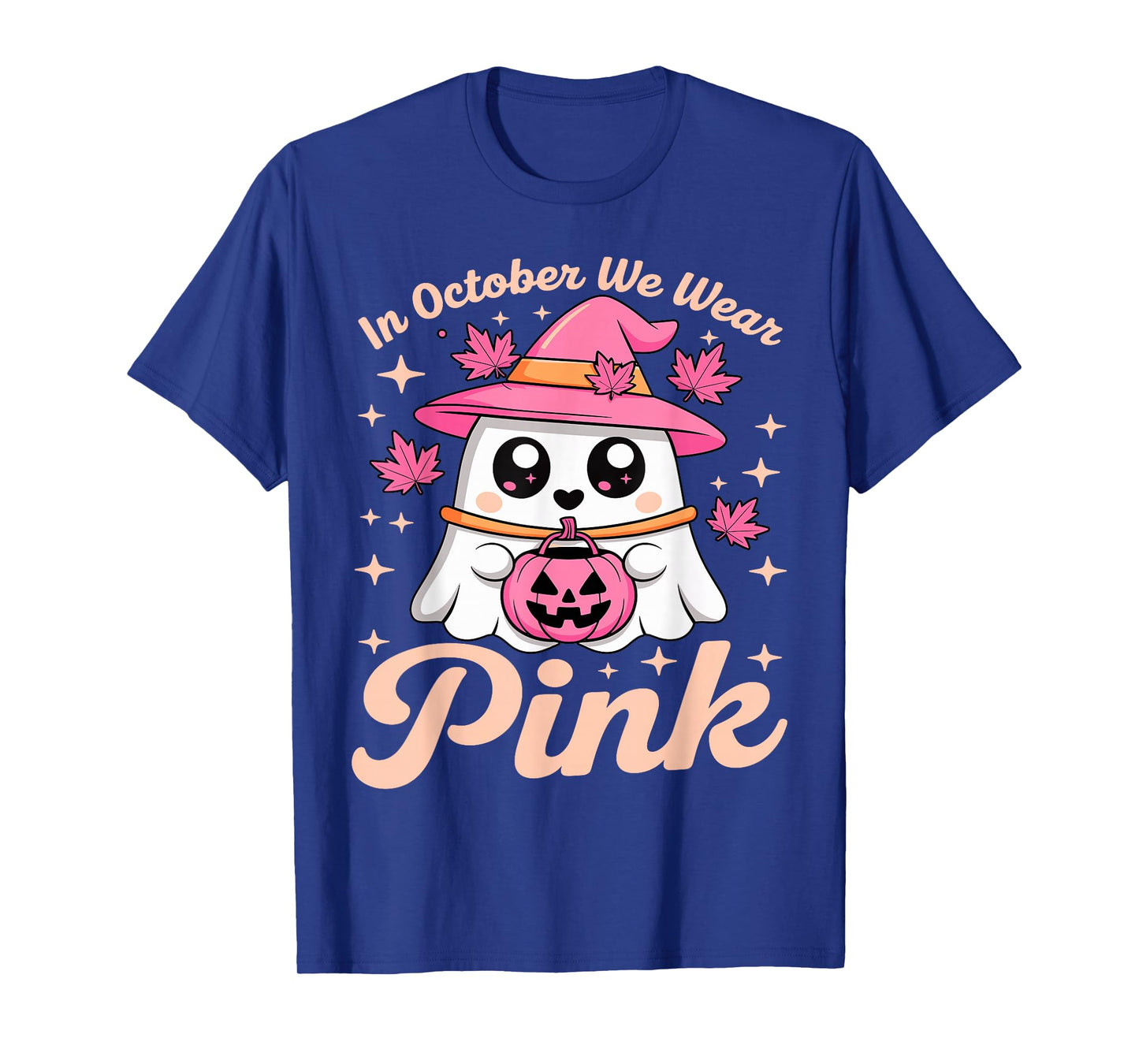 in October We Wear Pink Breast Cancer Awareness Witch Ghost T-Shirt