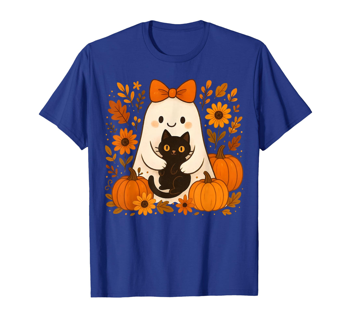 Vintage Halloween Ghost Holding Black Cat Groovy Floral T-Shirt