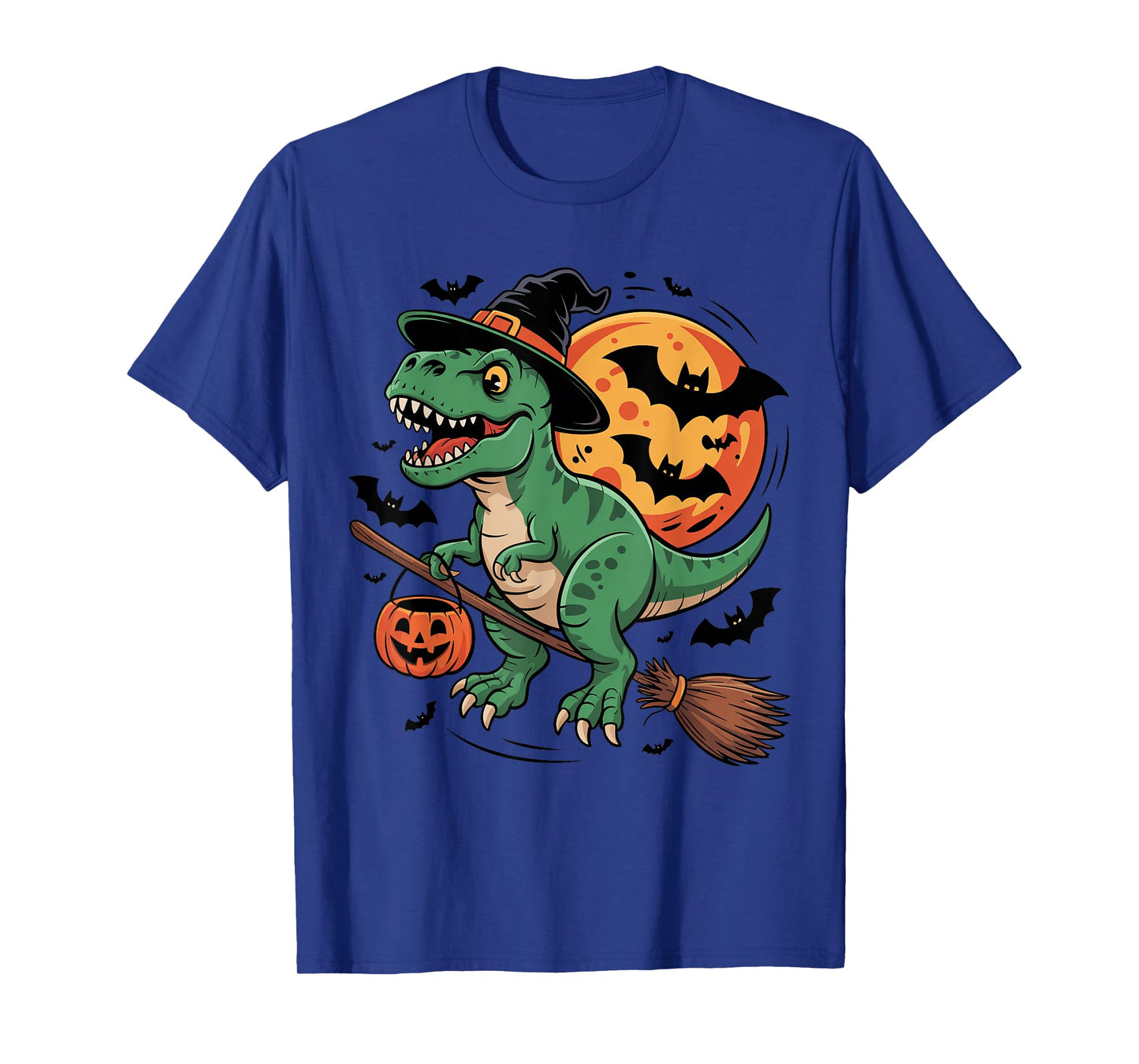 Dinosaur in Witch Hat on a Broom Halloween Spooky Costume T-Shirt