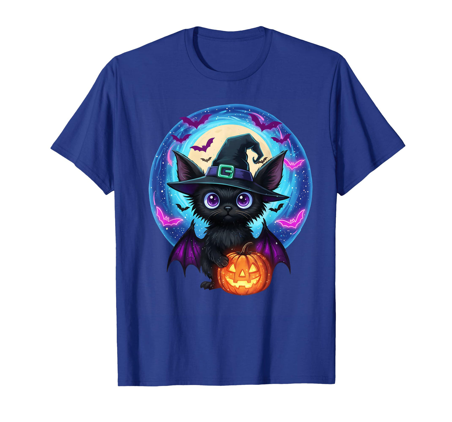 Cute bat Halloween Graphic Wearing Witch Hat with and Bats T-Shirt