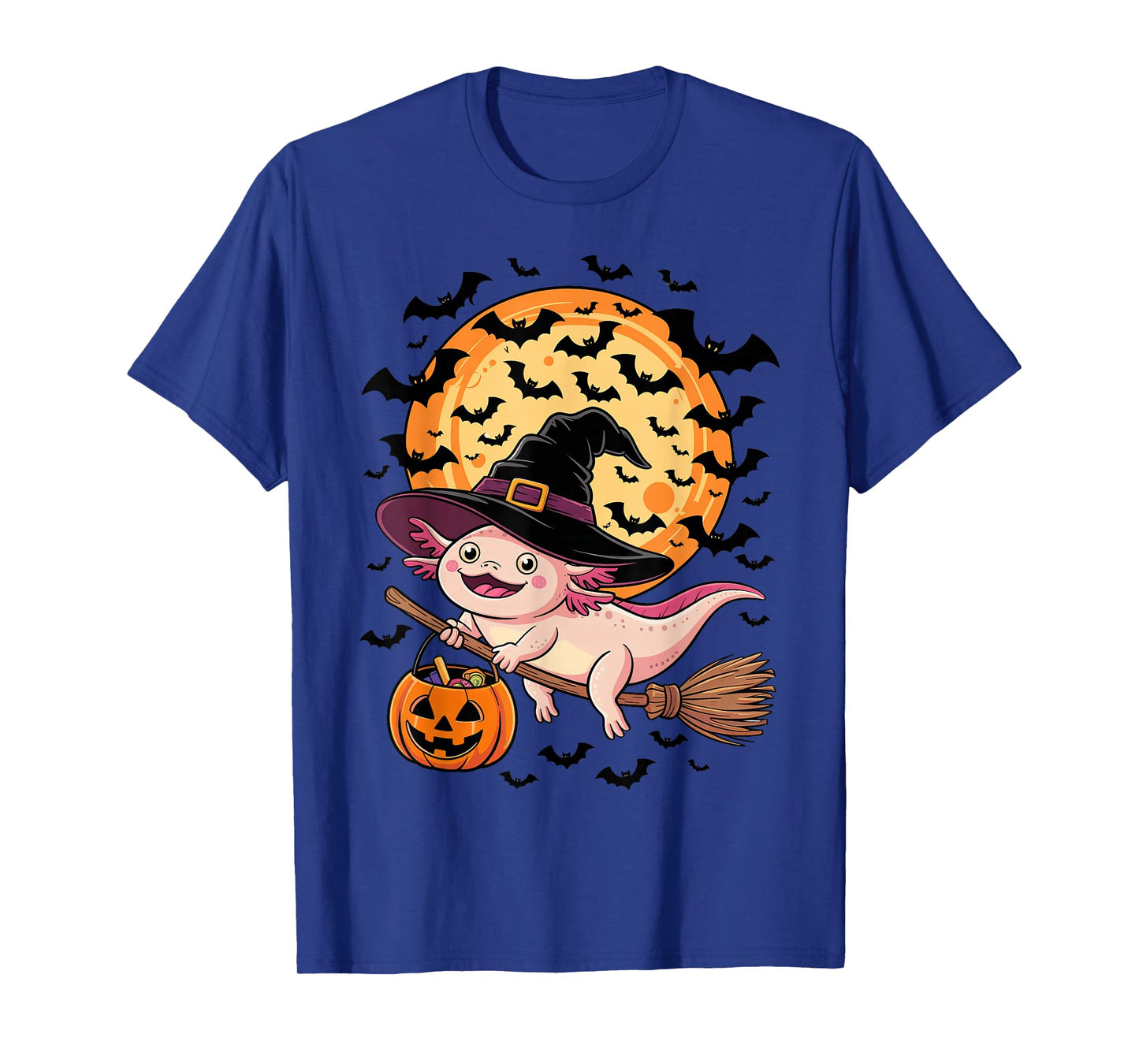 Halloween Axolotl Witch Hat and Broom Pumpkin Candy Bucket T-Shirt