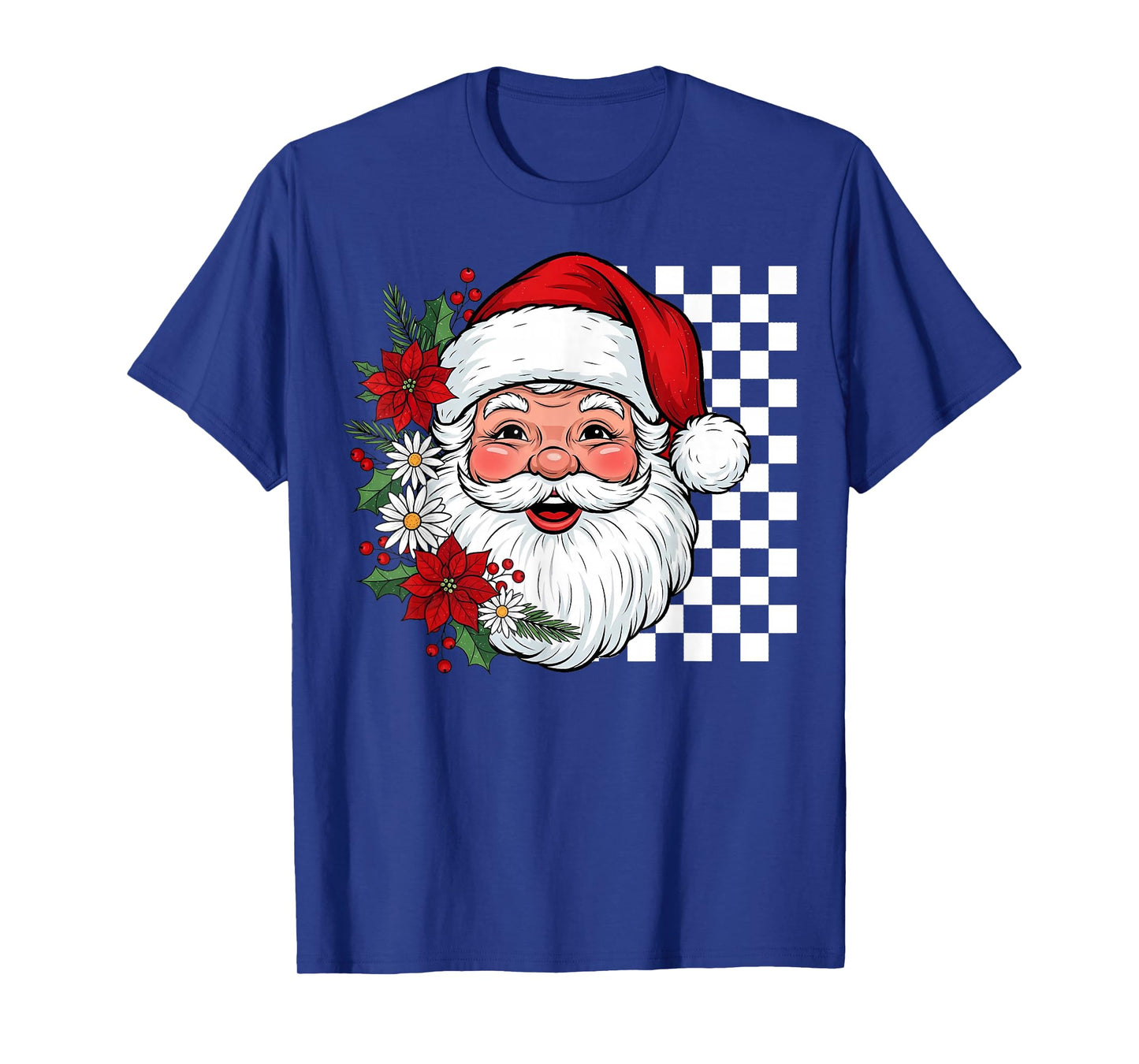 Vintage Santa Checkerboard Retro Floral Christmas Men Woman T-Shirt