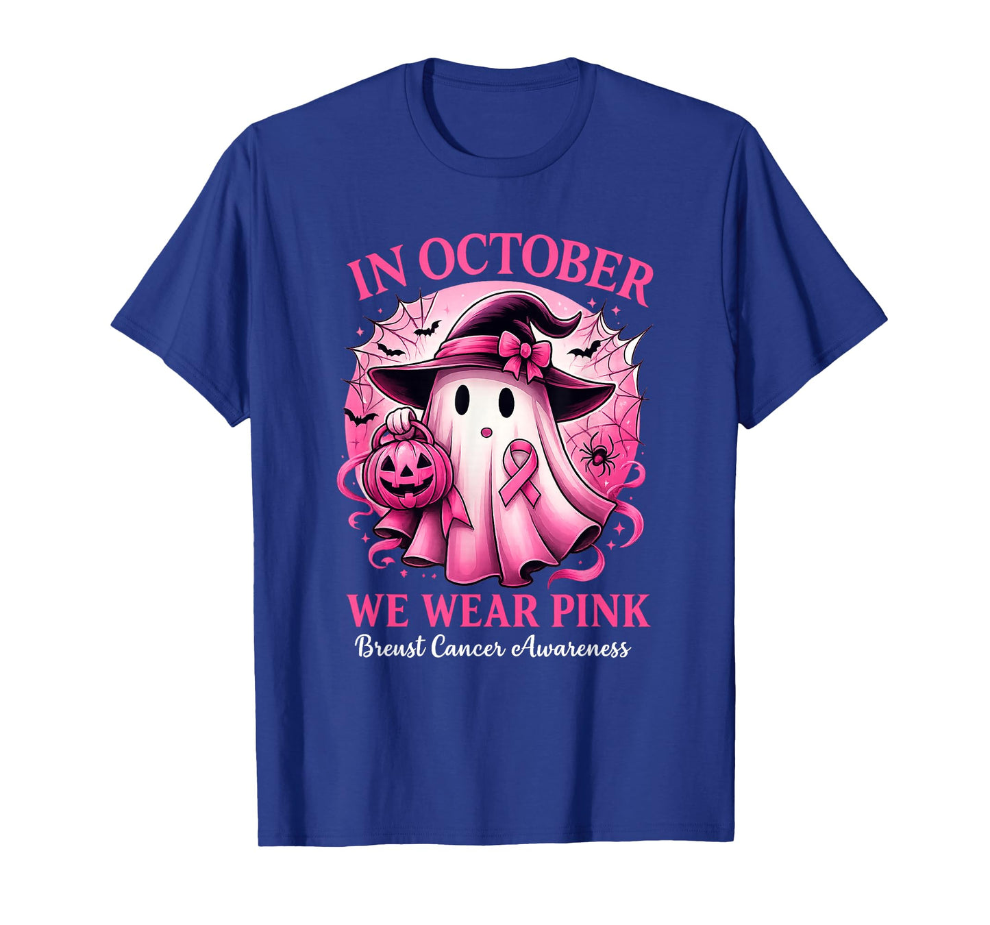 in October We Wear Pink Ghost Witch Breast Cancer Awareness T-Shirt