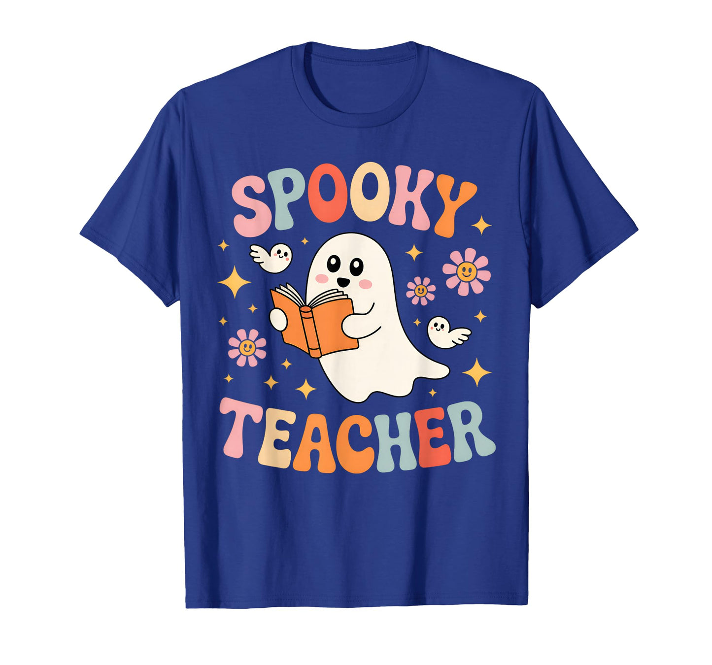 Groovy Spooky Season Teacher Halloween Retro Floral Ghost T-Shirt
