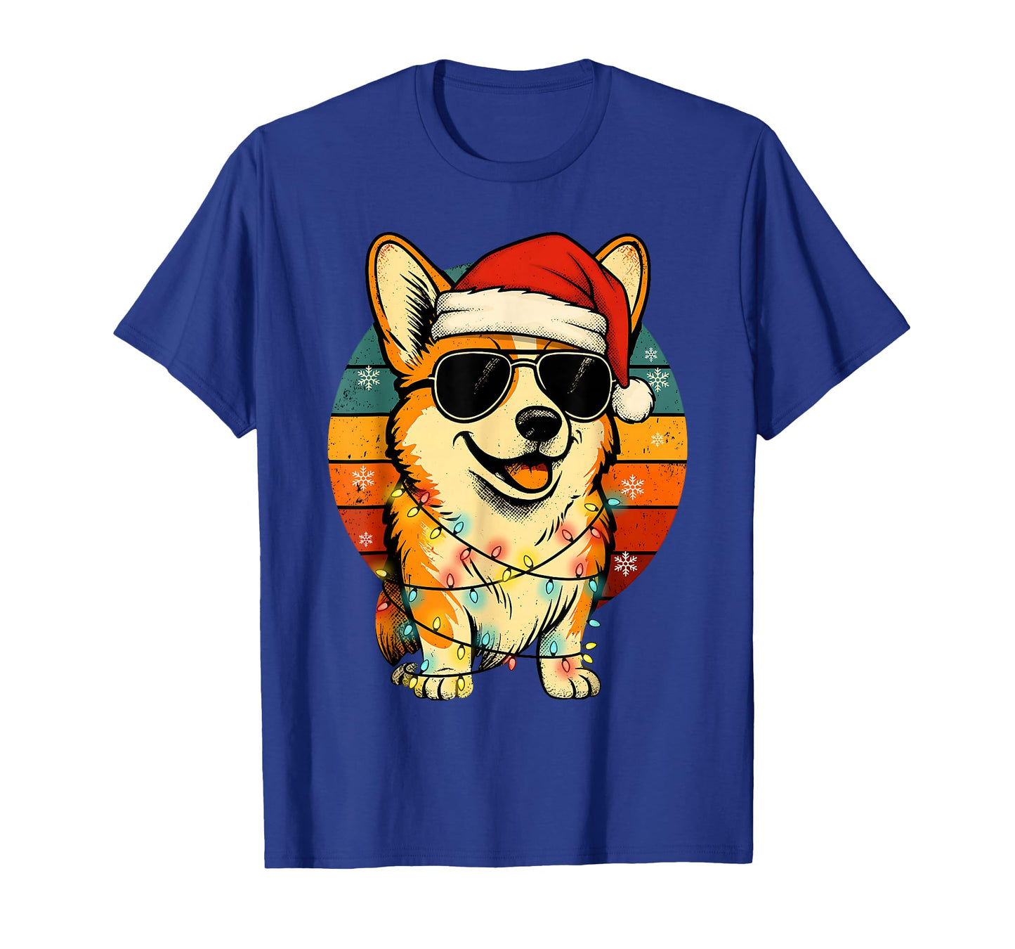 Retro Corgi in Santa Hat Christmas Lights Funny Corgi Xmas T-Shirt